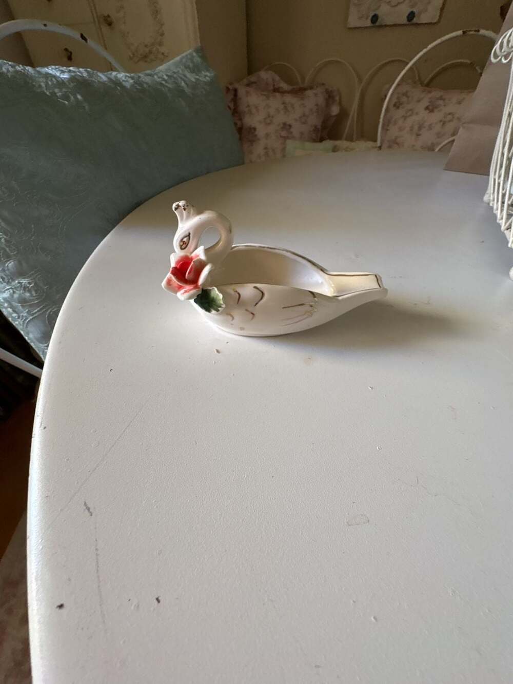 Vintage Porcelain Swan Trinket Dish with Applied Pink Rose and Gold Gilt Trim
